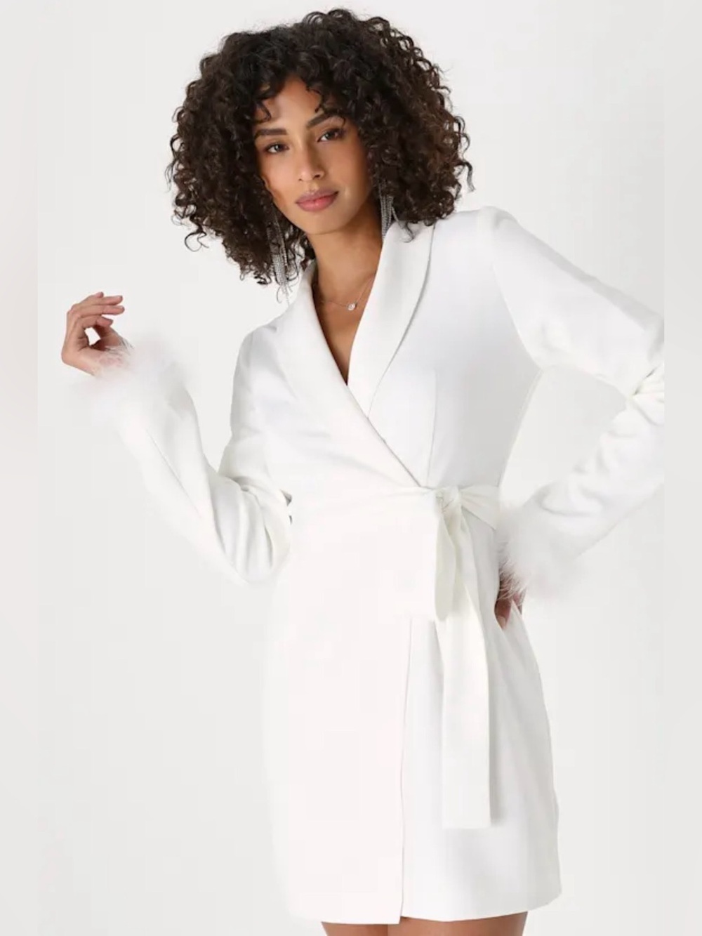 Lulu's White Wrap-Blazer Satan Feather Tulip Mini Dress With Features at Wrist